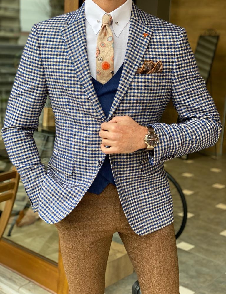 Blue Slim Fit Gingham Wool Blazer for Men by Gentwith.com with Free Worldwide Shipping