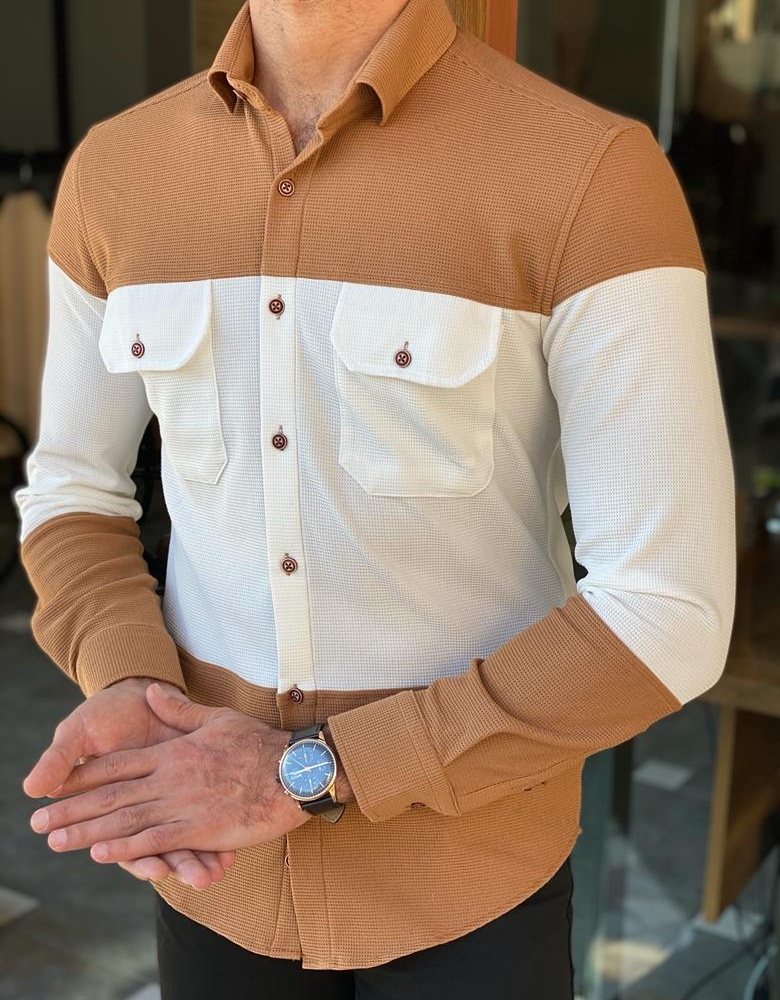 Camel Slim Fit Long Sleeves Cotton Shirt for Men by Gentwith.com with Free Worldwide Shipping