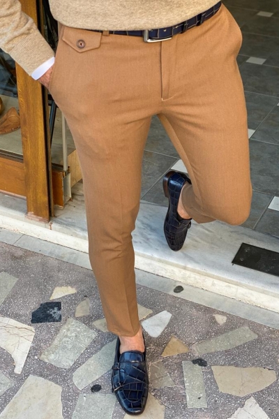 Camel Slim Fit Pants for Men by Gentwith.com with Free Worldwide Shipping