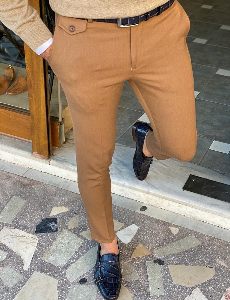 Camel Slim Fit Pants for Men by Gentwith.com with Free Worldwide Shipping