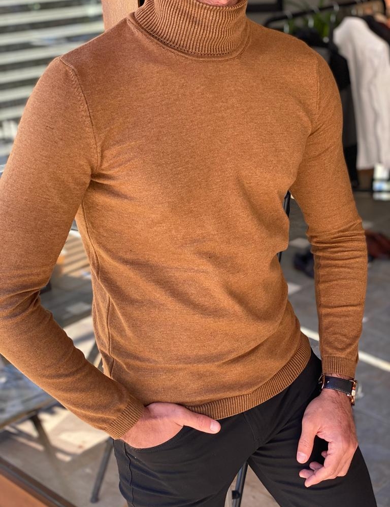 Camel Slim Fit Turtleneck Sweater for Men by Gentwith.com with Free Worldwide Shipping