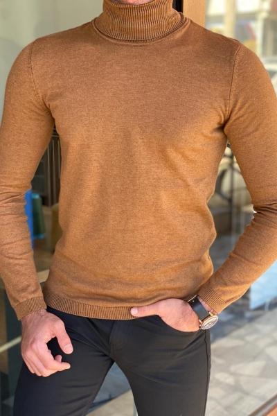 Camel Slim Fit Turtleneck Sweater for Men by Gentwith.com with Free Worldwide Shipping