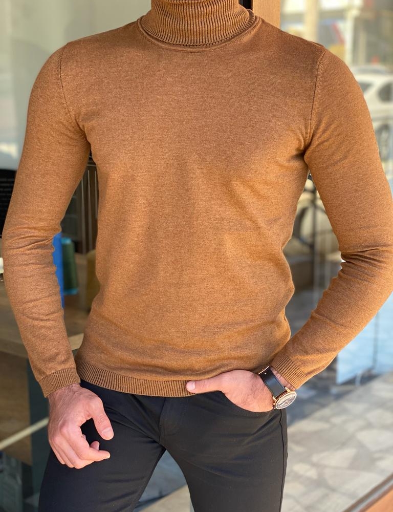 Camel Slim Fit Turtleneck Sweater for Men by Gentwith.com with Free Worldwide Shipping