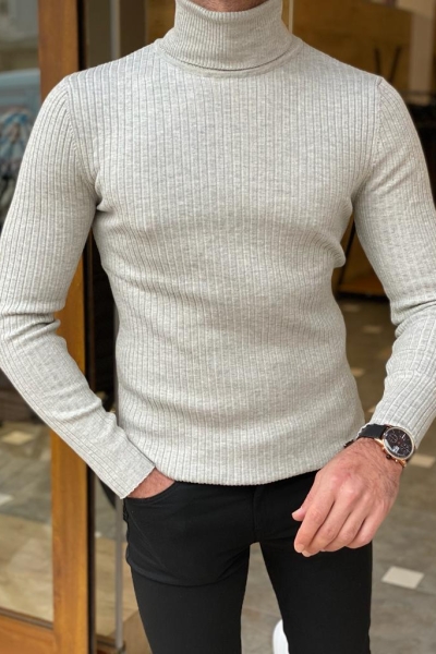 Gray Slim Fit Striped Turtleneck Sweater for Men by Gentwith.com with Free Worldwide Shipping