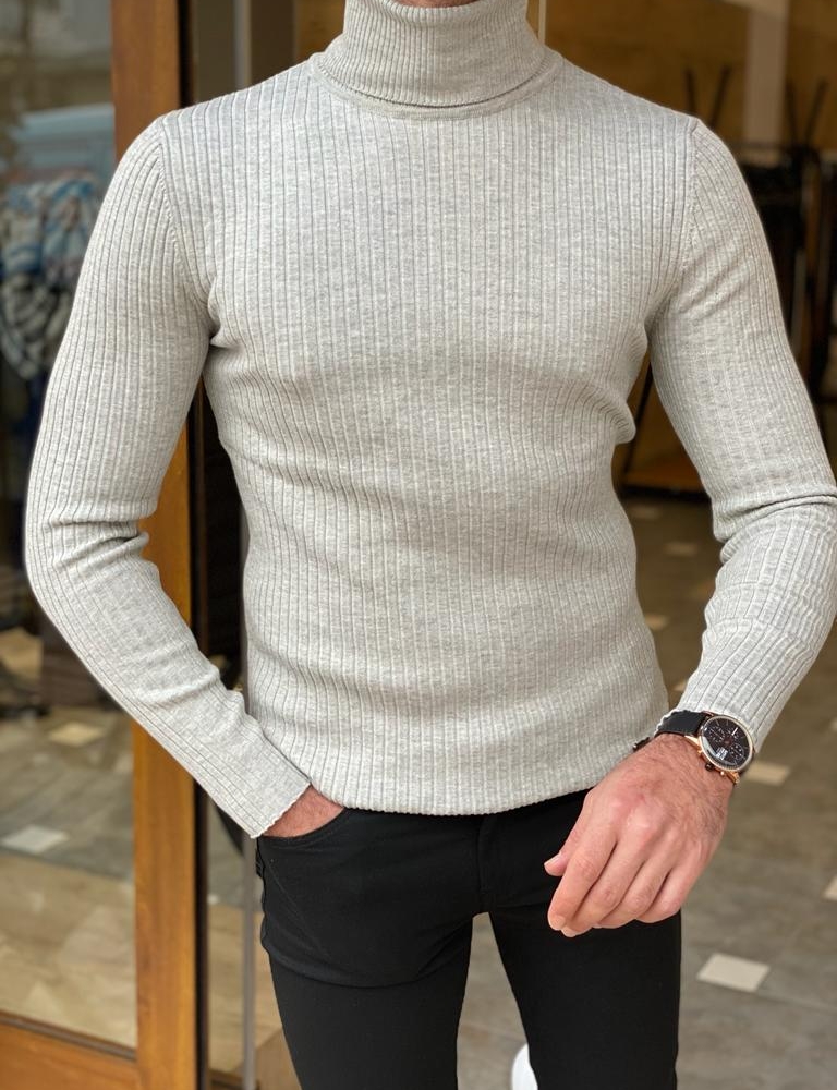 Elko White Slim Fit Striped Turtleneck Wool Sweater