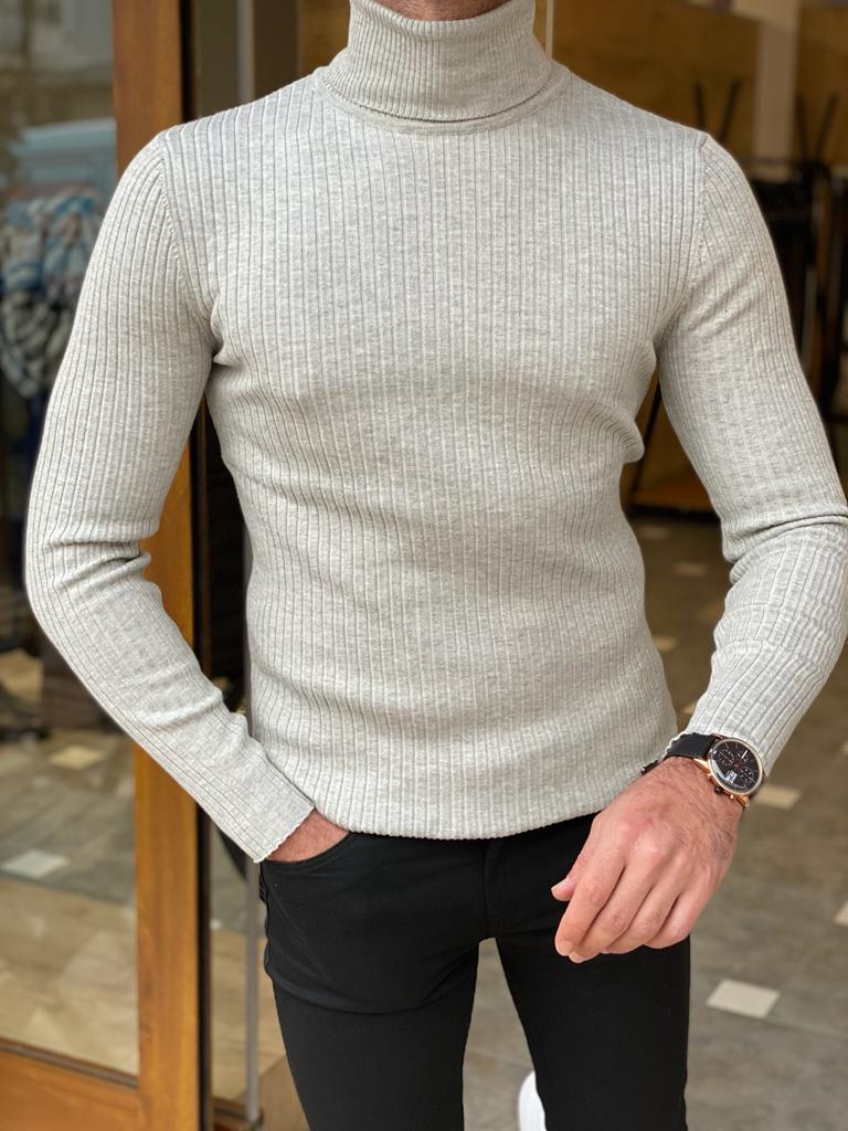 Gray Slim Fit Striped Turtleneck Sweater for Men by GentWith.com