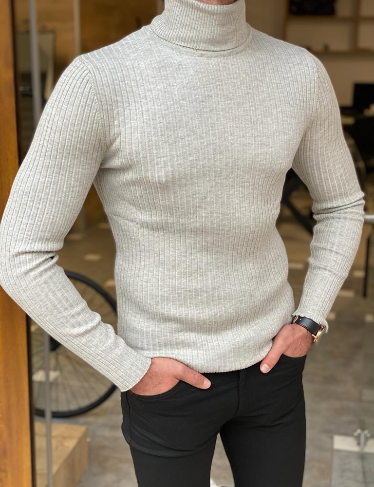 Gray Slim Fit Striped Turtleneck Sweater for Men by Gentwith.com with Free Worldwide Shipping
