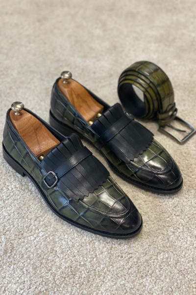 Green Kilt Loafers for Men by Gentwith.com with Free Worldwide Shipping