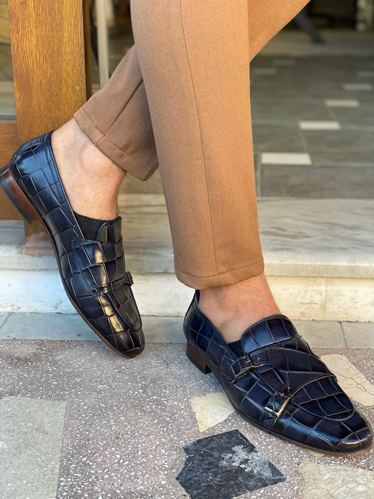 GentWith Empire Navy Blue Double Monk Strap Loafers 