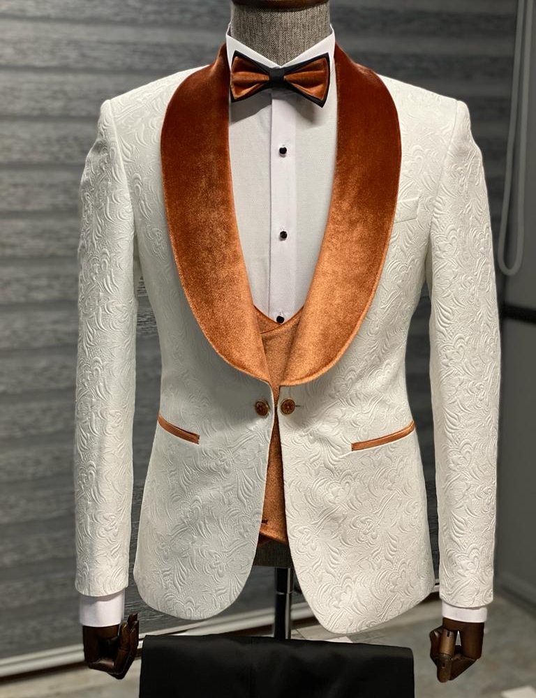 Orange & White Slim Fit Velvet Shawl Lapel Wool Tuxedo for Men by Gentwith.com with Free Worldwide Shipping