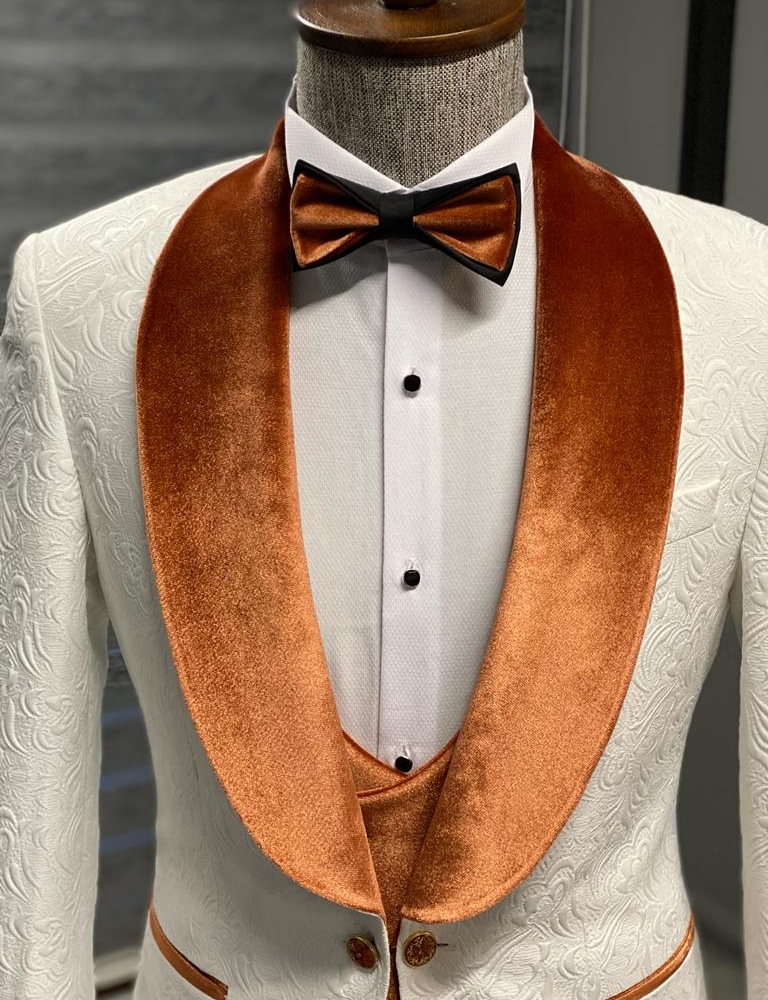 Orange & White Slim Fit Velvet Shawl Lapel Wool Tuxedo for Men by Gentwith.com with Free Worldwide Shipping