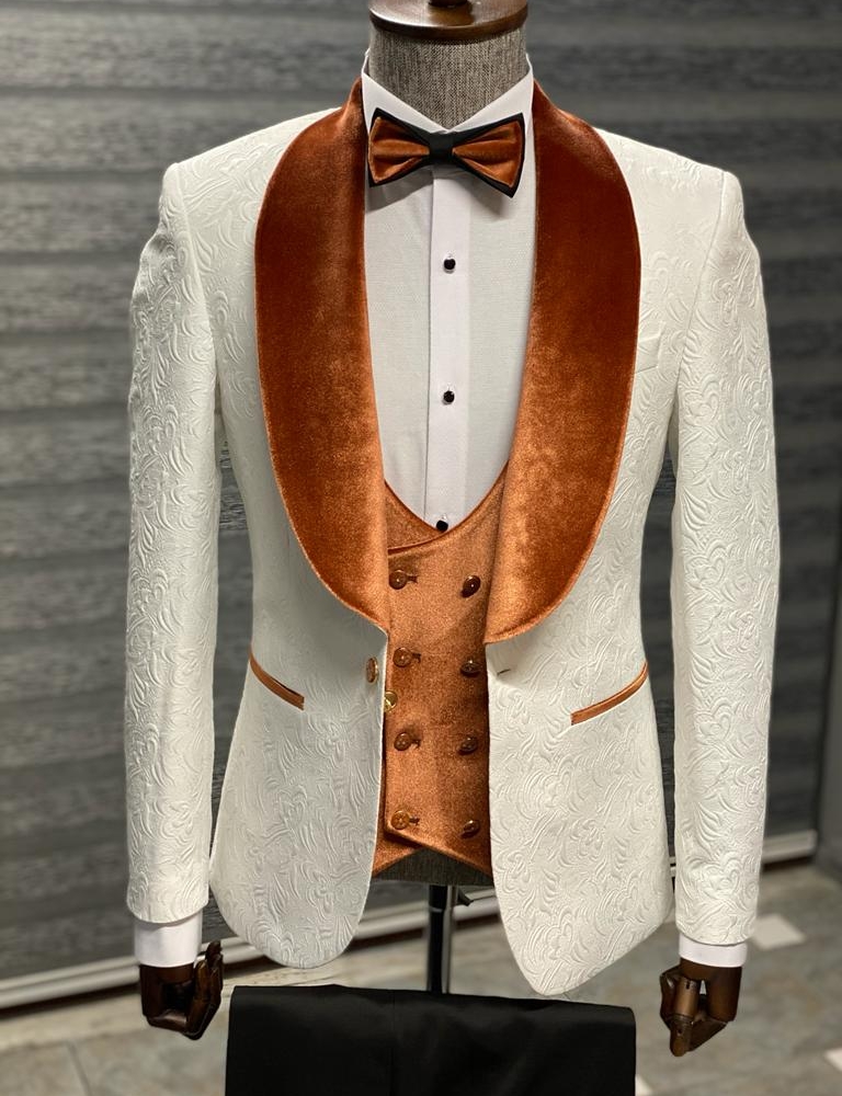 Orange & White Slim Fit Velvet Shawl Lapel Wool Tuxedo for Men by Gentwith.com with Free Worldwide Shipping