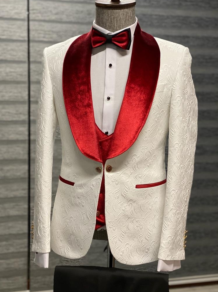 Red & White Slim Fit Velvet Shawl Lapel Wool Tuxedo for Men by Gentwith.com with Free Worldwide Shipping