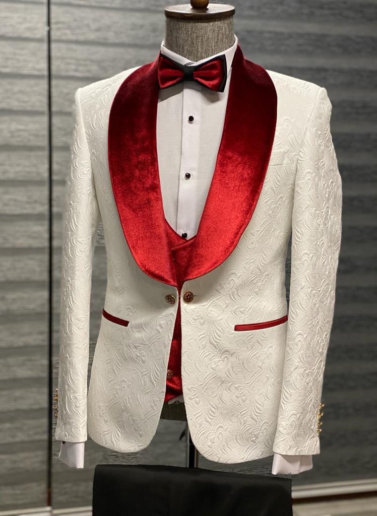 Red and White Slim Fit Shawl Lapel Wool Tuxedo for Men by GentWith
