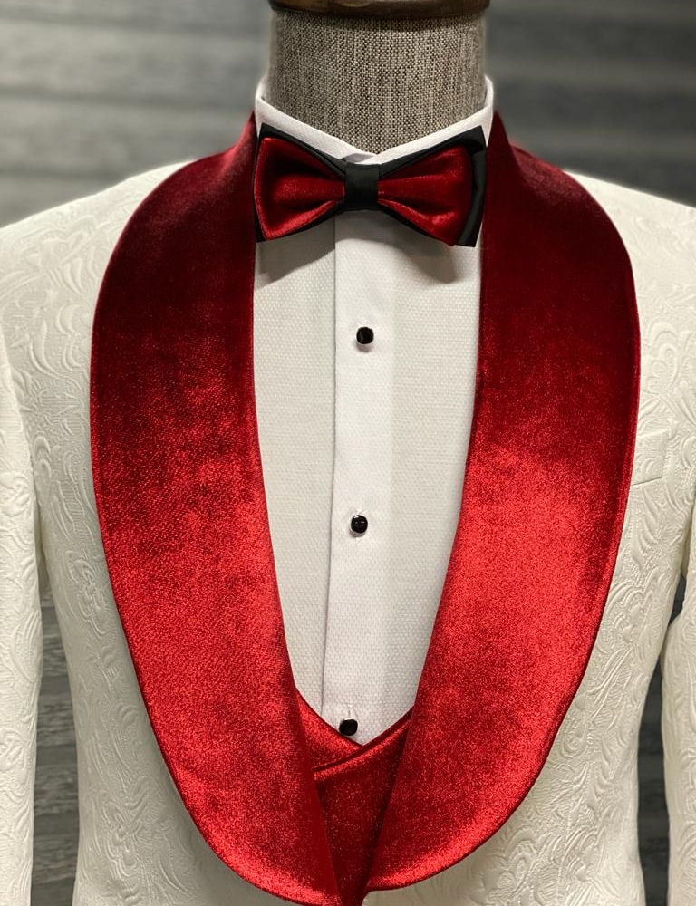 Red & White Slim Fit Velvet Shawl Lapel Wool Tuxedo for Men by Gentwith.com with Free Worldwide Shipping