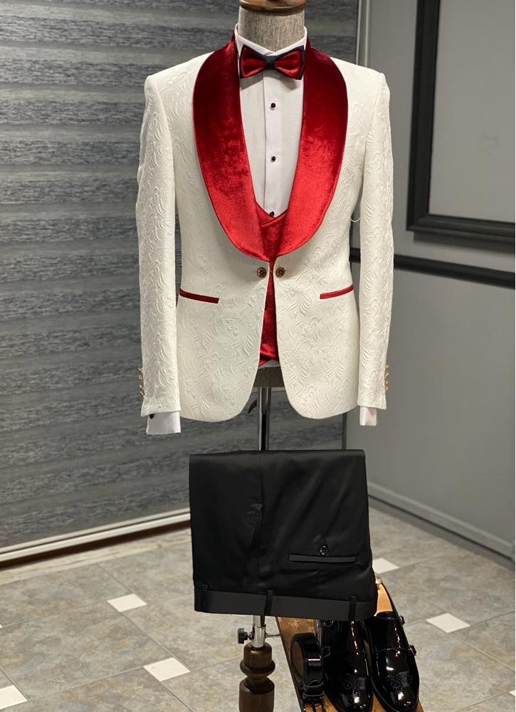 Red & White Slim Fit Velvet Shawl Lapel Wool Tuxedo for Men by Gentwith.com with Free Worldwide Shipping