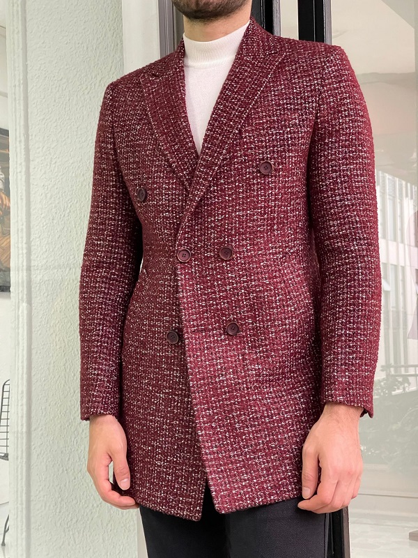Burgundy Slim Fit Double Breasted Wool Long Coat for men for Men by Gentwith.com with Free Worldwide Shipping
