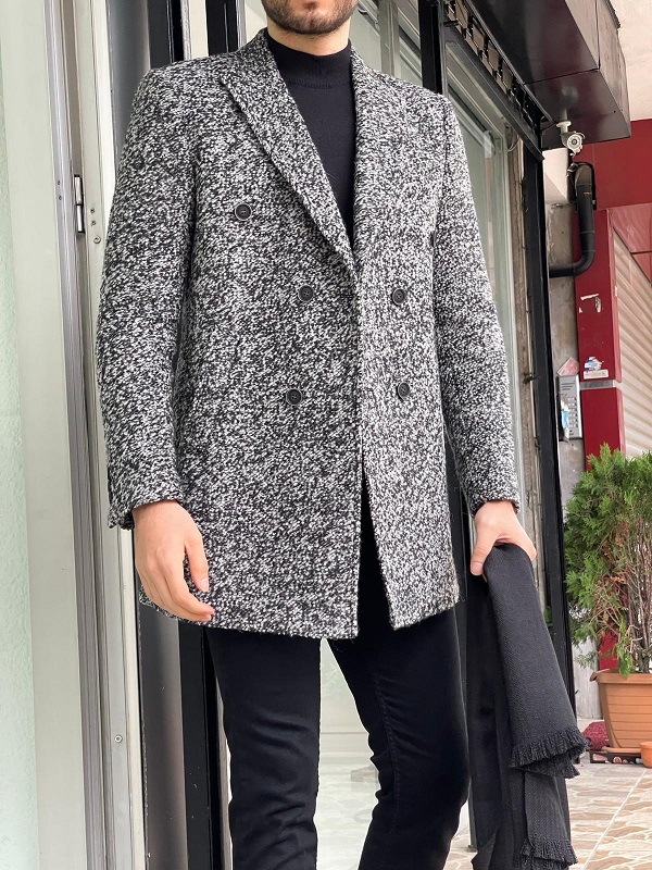 Gray Slim Fit Double Breasted Wool Long Coat for men for Men by Gentwith.com with Free Worldwide Shipping