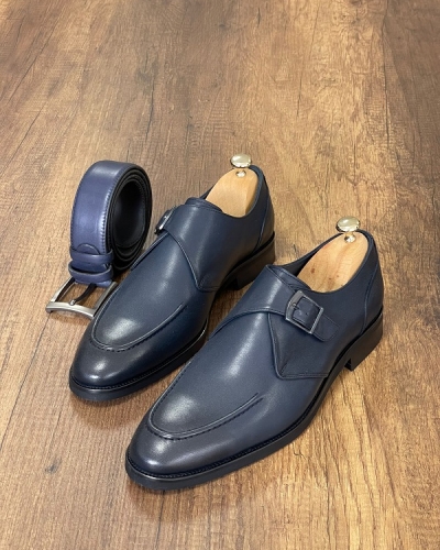 Navy Blue Monk Strap Loafers for Men by Gentwith.com with Free Worldwide Shipping