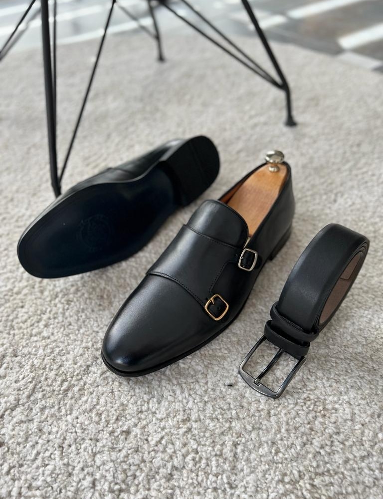 Black Double Monk Strap Shoes for Men by GentWith.com