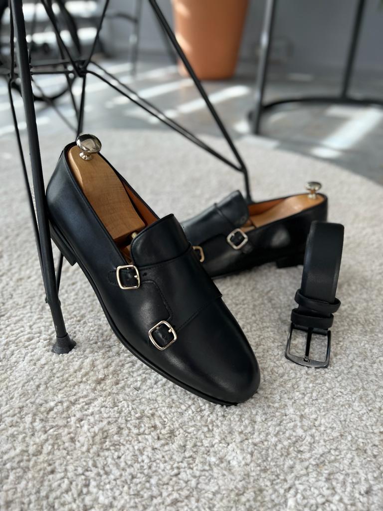 Black Double Monk Strap Shoes for Men by GentWith.com