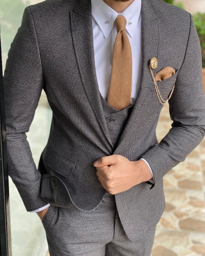 Gray Slim Fit Peak Lapel Wool Suit for men for Men by Gentwith.com with Free Worldwide Shipping