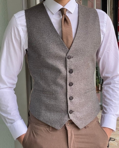 Beige Slim Fit Wool Vest for Men by Gentwith.com with Free Worldwide Shipping