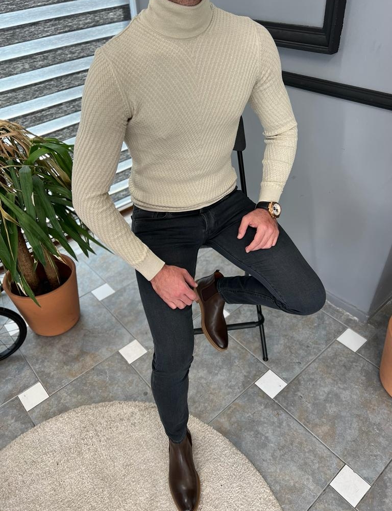 Beige Slim Fit Turtleneck Sweater for Men by GentWith.com