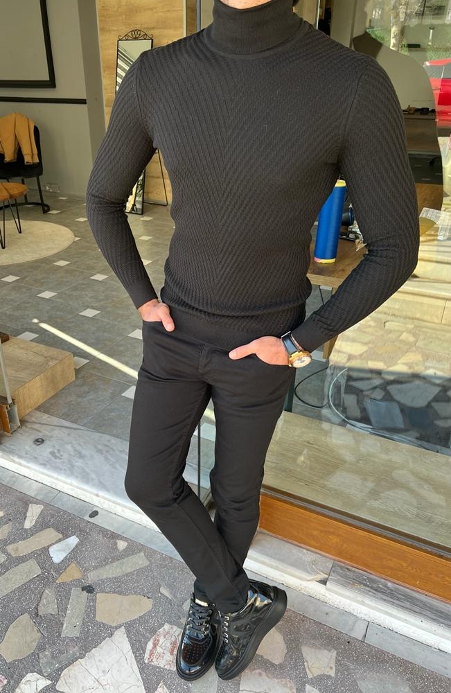 Black Slim Fit Turtleneck Sweater for Men by Gentwith.com with Free Worldwide Shipping