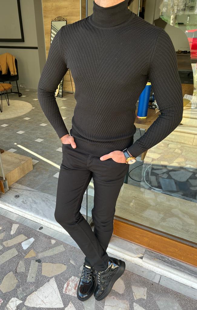 Black Slim Fit Turtleneck Sweater for Men by GentWith.com