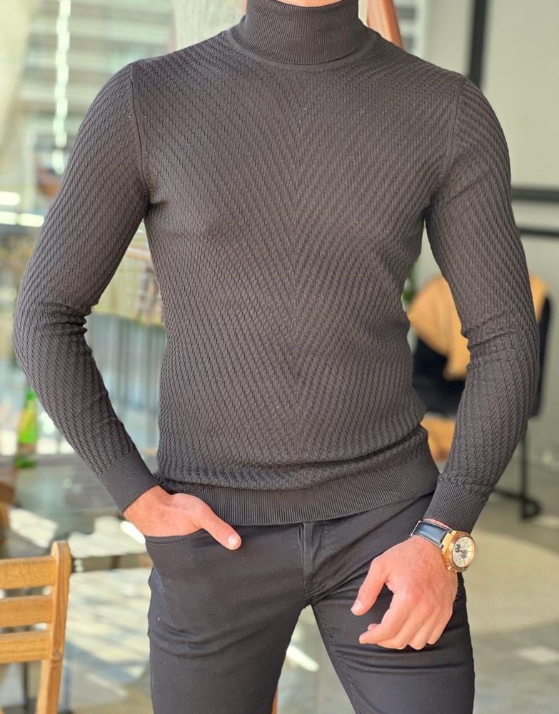 Black Slim Fit Turtleneck Sweater for Men by Gentwith.com with Free Worldwide Shipping