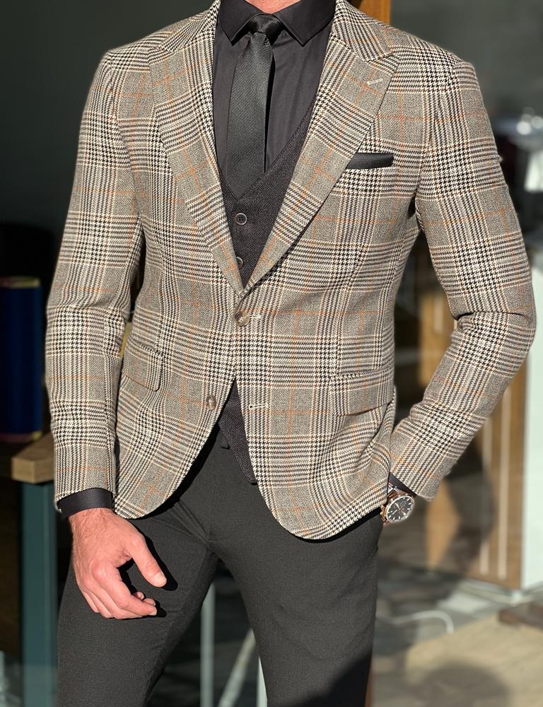 Beige Slim Fit Plaid Blazer for Men by Gentwith.com with Free Worldwide Shipping