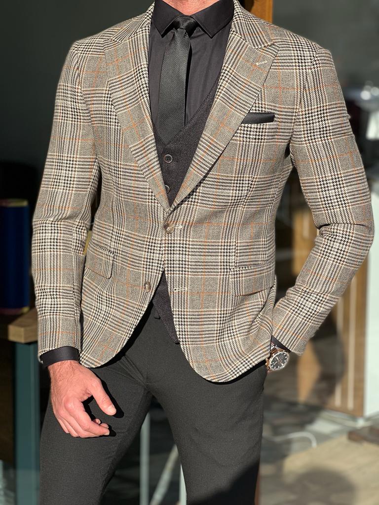 Beige Slim Fit Plaid Blazer for Men by