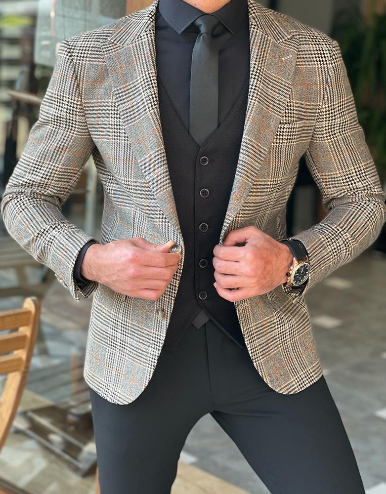 Beige Slim Fit Plaid Blazer for Men by Gentwith.com with Free Worldwide Shipping