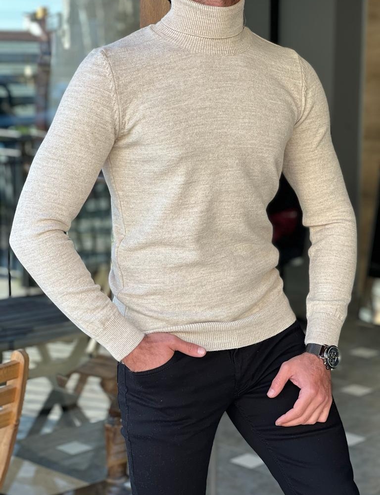 Beige Slim Fit Wool Turtleneck Sweater for Men by Gentwith.com with Free Worldwide Shipping
