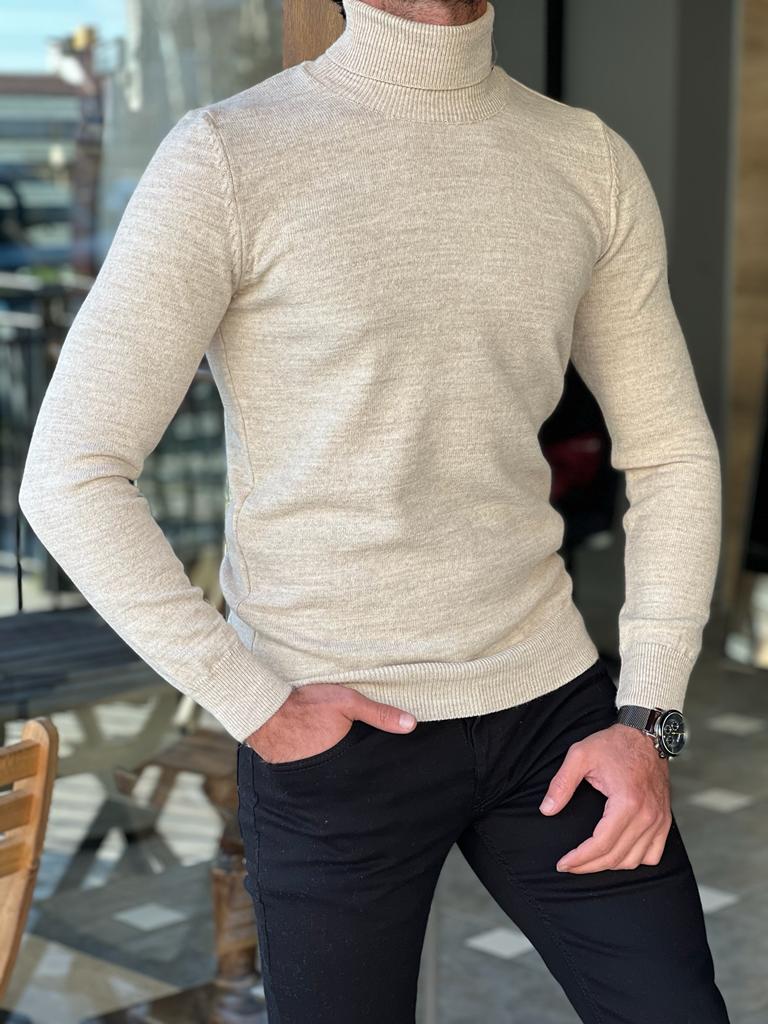 Beige Slim Fit Wool Turtleneck Sweater for Men by GentWith.com