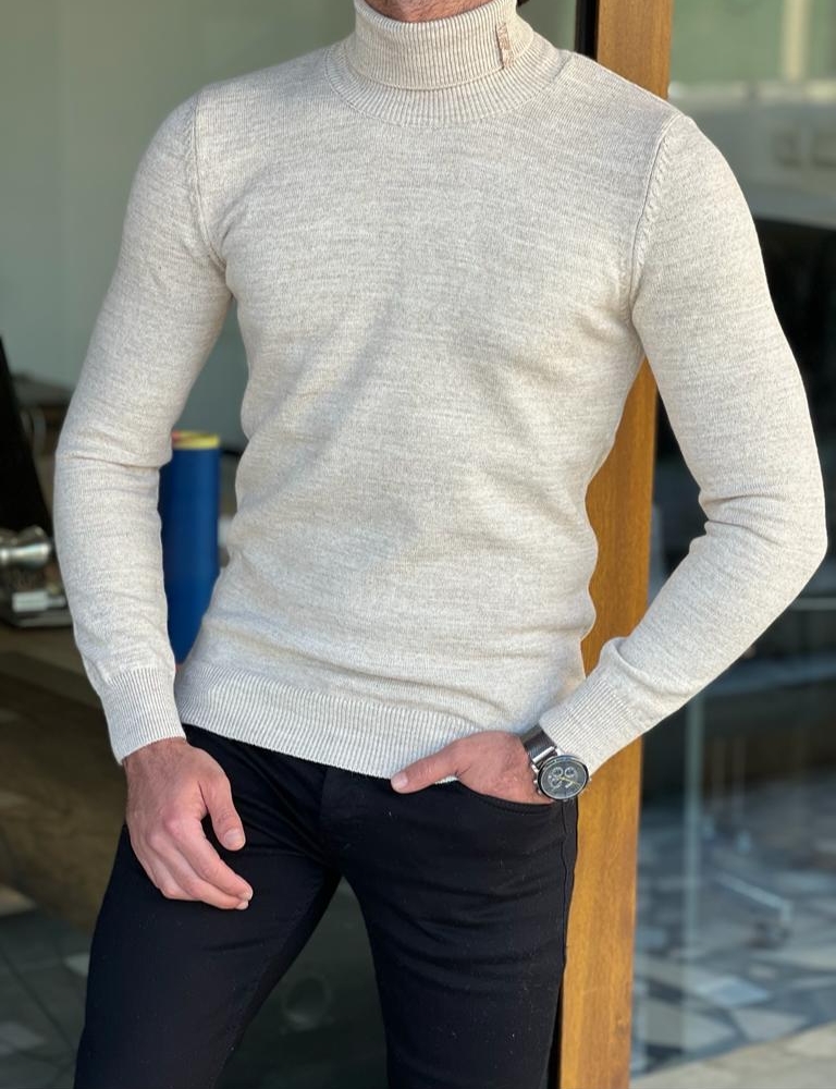 Men's Beige Slim Fit Turtleneck Knitwear Sweater - Beren Store