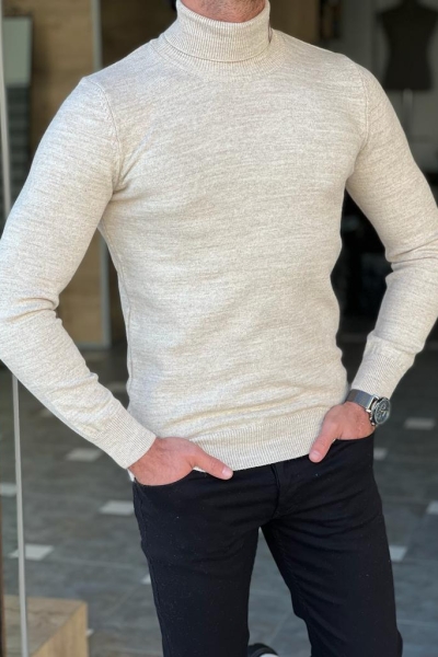 Beige Slim Fit Wool Turtleneck Sweater for Men by Gentwith.com with Free Worldwide Shipping