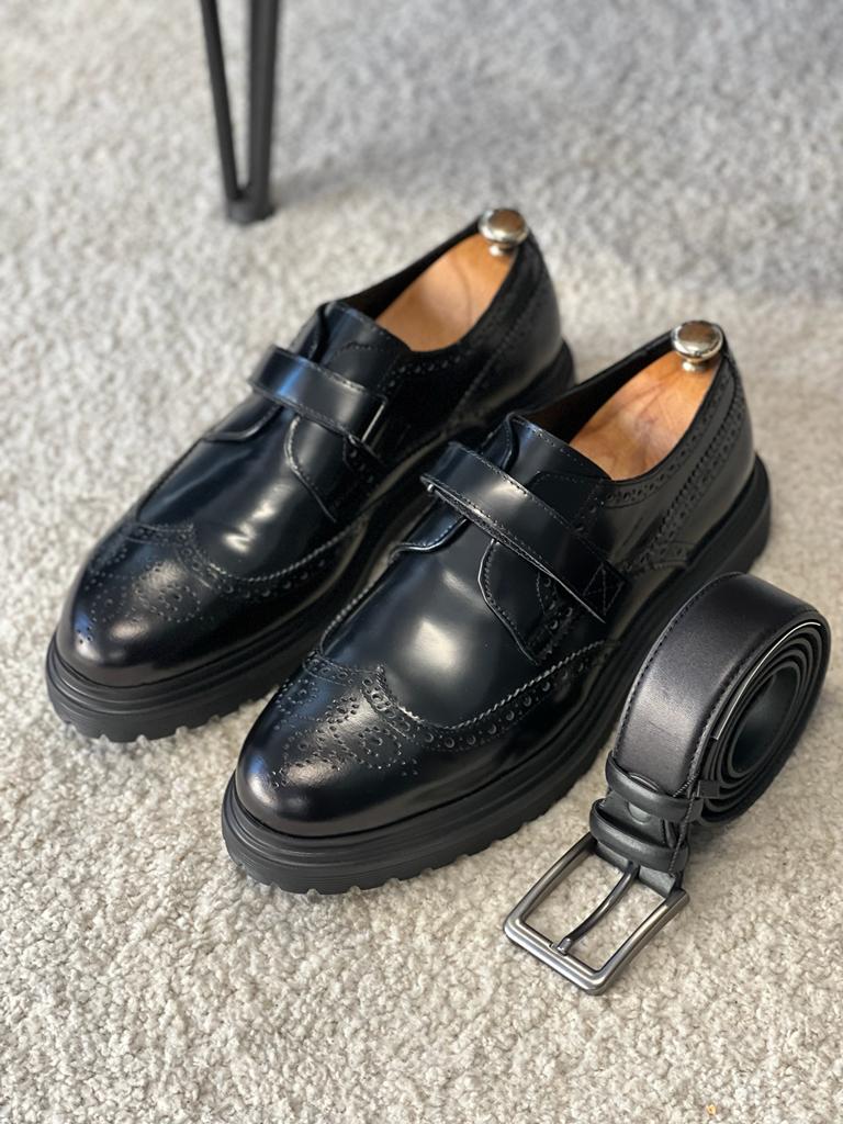 Black One Buckle Wing Tip Derby for Men by GentWith.com