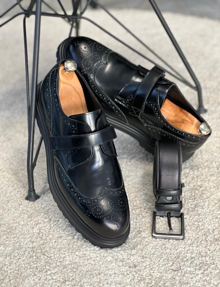 Black One buckle Wing Tip Derby for Men by Gentwith.com with Free Worldwide Shipping