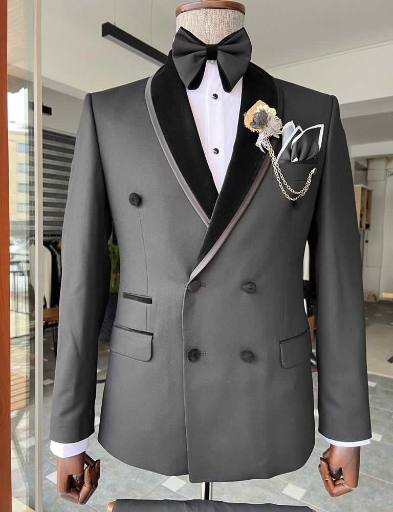 BLACK DOUBLE BREASTED WEDDİNG SUİT - SLIM FIT