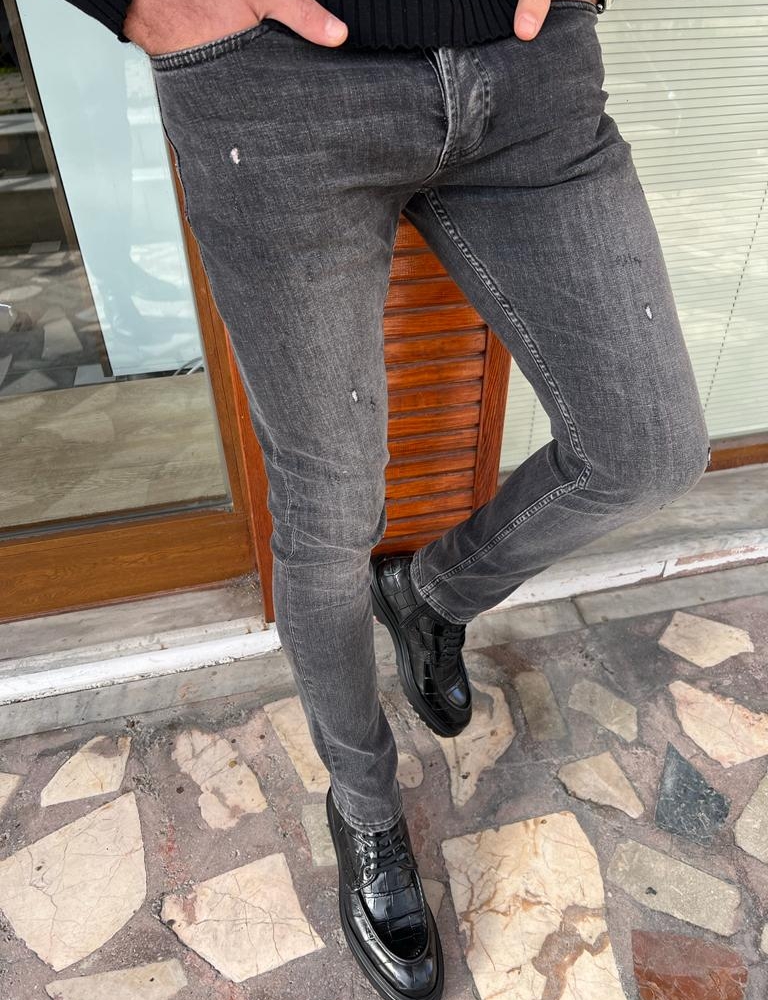 Dark Gray Slim Fit Ripped Jeans for Men by Gentwith.com with Free Worldwide Shipping