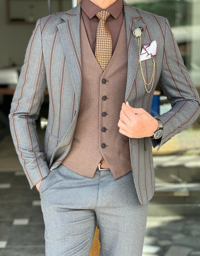 Gray Slim Fit Notch Lapel Striped Suit for Men by Gentwith.com with Free Worldwide Shipping