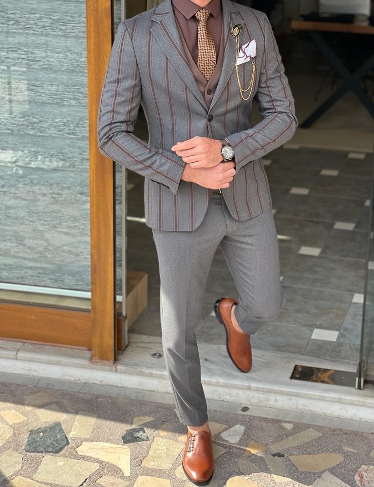 Gray Slim Fit Notch Lapel Striped Suit for Men by Gentwith.com with Free Worldwide Shipping