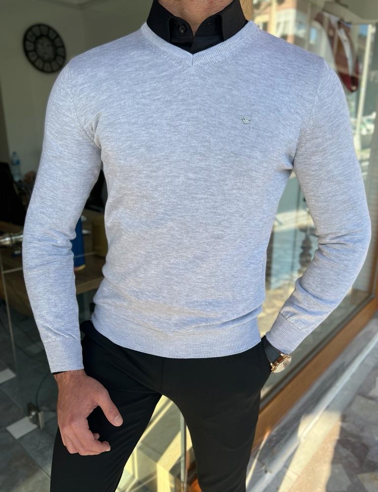 Gray Slim Fit V-Neck Sweater for Men by Gentwith.com with Free Worldwide Shipping