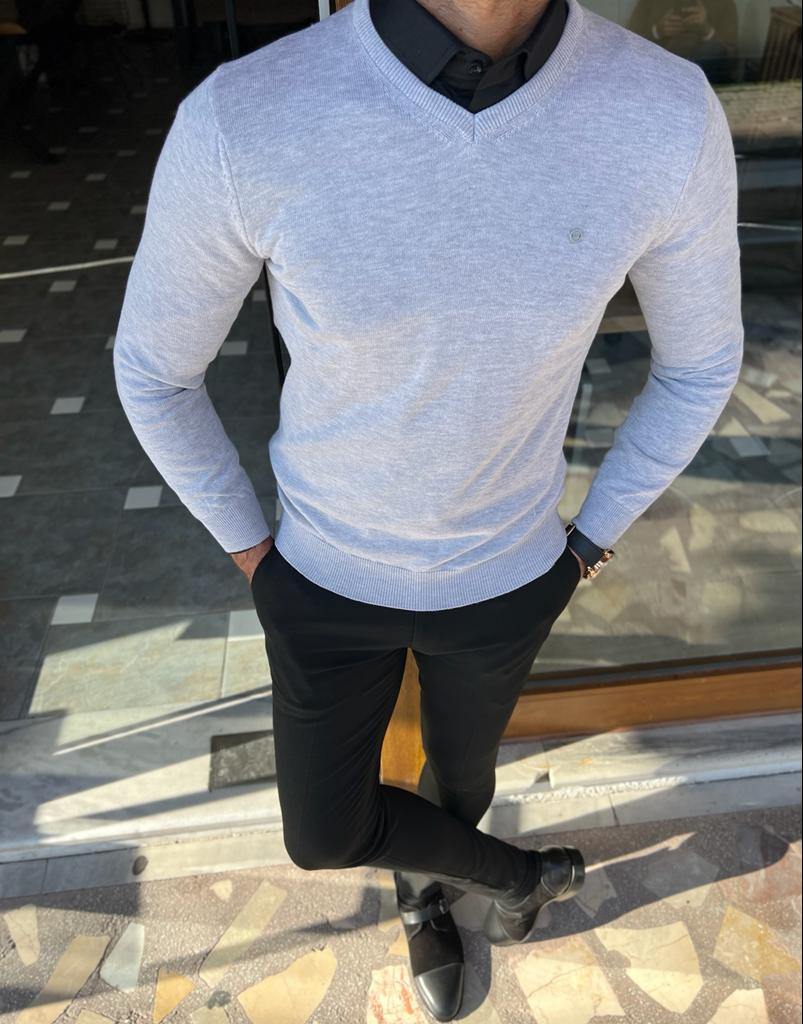 Gray Slim Fit V-neck Sweater for Men by GentWith.com