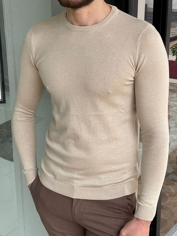 GentWith Hazard Beige Slim Fit Crewneck Sweater 