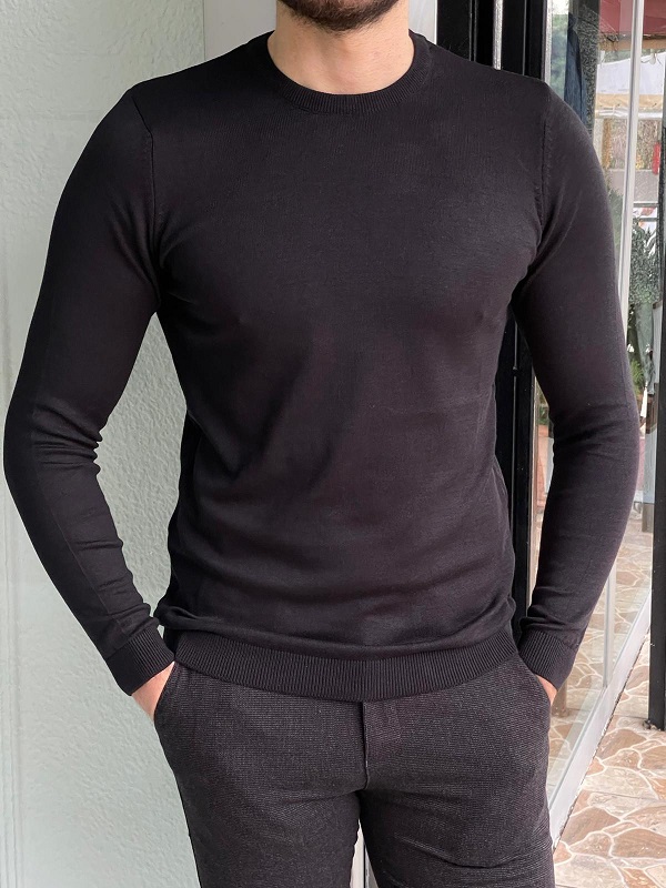 Black Slim Fit Crewneck Sweater for Men by Gentwith.com with Free Worldwide Shipping