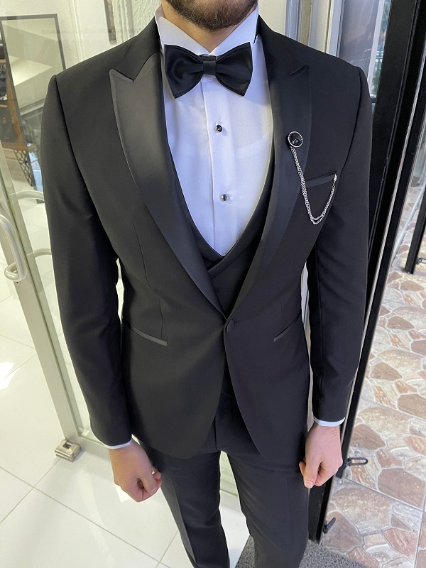 Black Slim Fit Peak Lapel Wool Tuxedo for Men by Gentwith.com with Free Worldwide Shipping