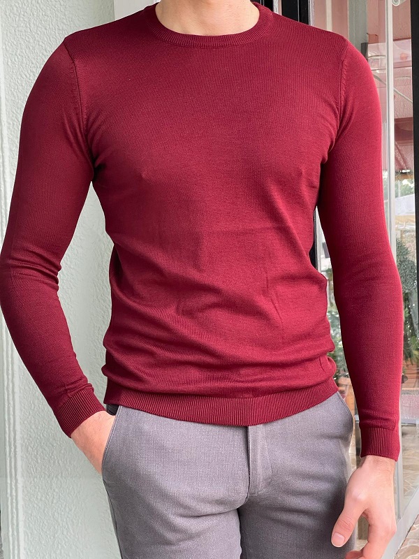 Burgundy Slim Fit Crewneck Sweater for Men by Gentwith.com with Free Worldwide Shipping